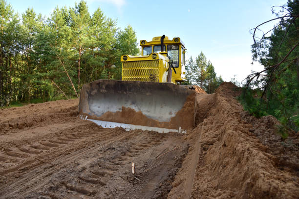 dozer pendant le défrichement de la forêt pour la construction d’une nouvelle route - grading photos et images de collection