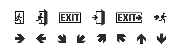 Exit symbol button set, danger escape emergency vector icon collection. Safe entrance warning icons.