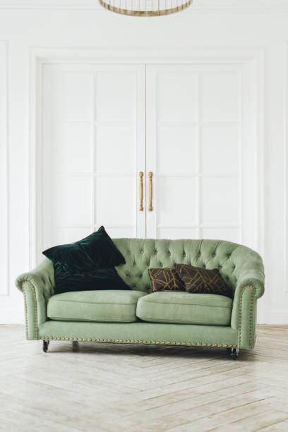 istock Green comfortable sofa in bright living room with minimalist interior. 1310781663