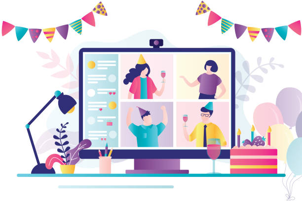 Friends celebrating birthday online. Different people in video conference. Ban on offline meetings and parties. Decorated workplace Friends celebrating birthday online. Different people in video conference. Ban on offline meetings and parties. Decorated workplace. Close people on screen. Self-isolation concept. Vector illustration virtual birthday celebration stock illustrations