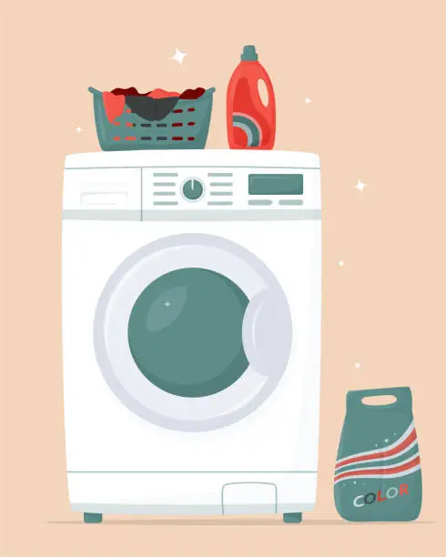 Vector illustration of Washing machine, detergents and laundry basket in flat style