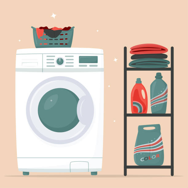 çamaşır makinesi ve çamaşır sepeti, deterjanlar ve raf üzerinde temiz nevresimler - washing machine stock illustrations