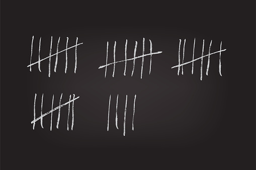 Count tally on brick wall in prison. Jail white marks scratched and crossed out vector illustration. Counting days, weeks and waiting. Time counter on black stone background.