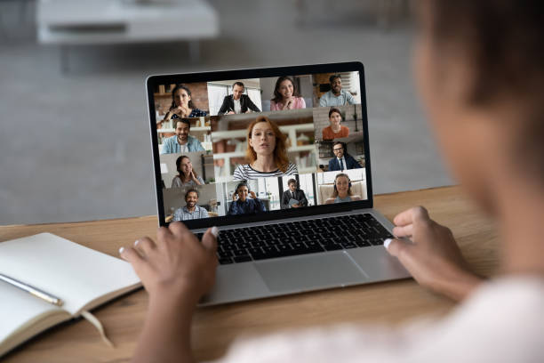 istock Female worker have webcam digital virtual talk on laptop 1310784935