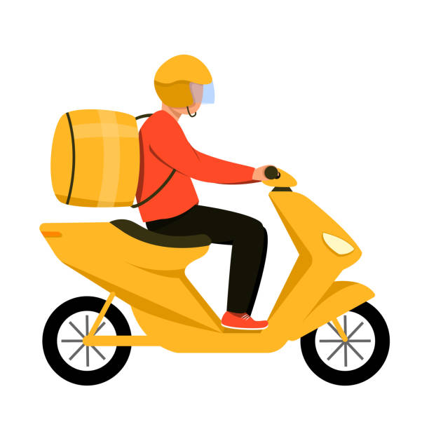 istock Food delivery man on motorcycle isolated on white background. A delivery man in a helmet on a yellow moped. Vector illustration in flat style 1310785545