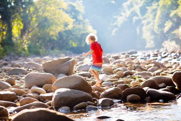 istock Child hiking in mountains. Kids at river shore. 1310788593
