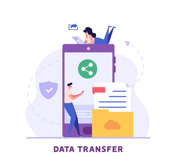 ilustrações de stock, clip art, desenhos animados e ícones de people send files for business. concept of sharing file, data transfer, transfer of documentation, cloud service, file management, electronic document management. vector illustration in flat design - file sharing computer data