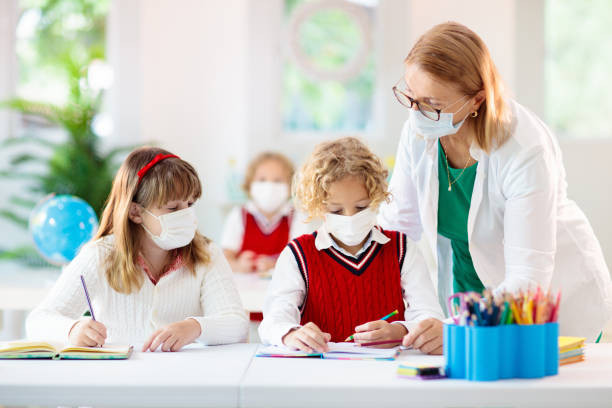 istock Kids in face mask. Child in school. 1310789677