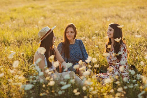 Three young cheerful female friends sitting on grass, enjoying summer sunset over blooming meadow, feeling free and relaxed
