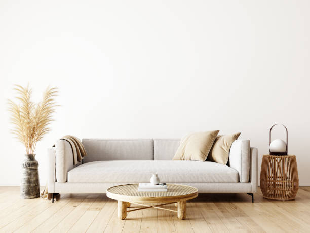 moderne inneneinrichtung des wohnzimmers in natürlichen farben mit trockener pflanzen dekoration und leere weiße mock-up-wand-hintergrund - sofa stock-fotos und bilder