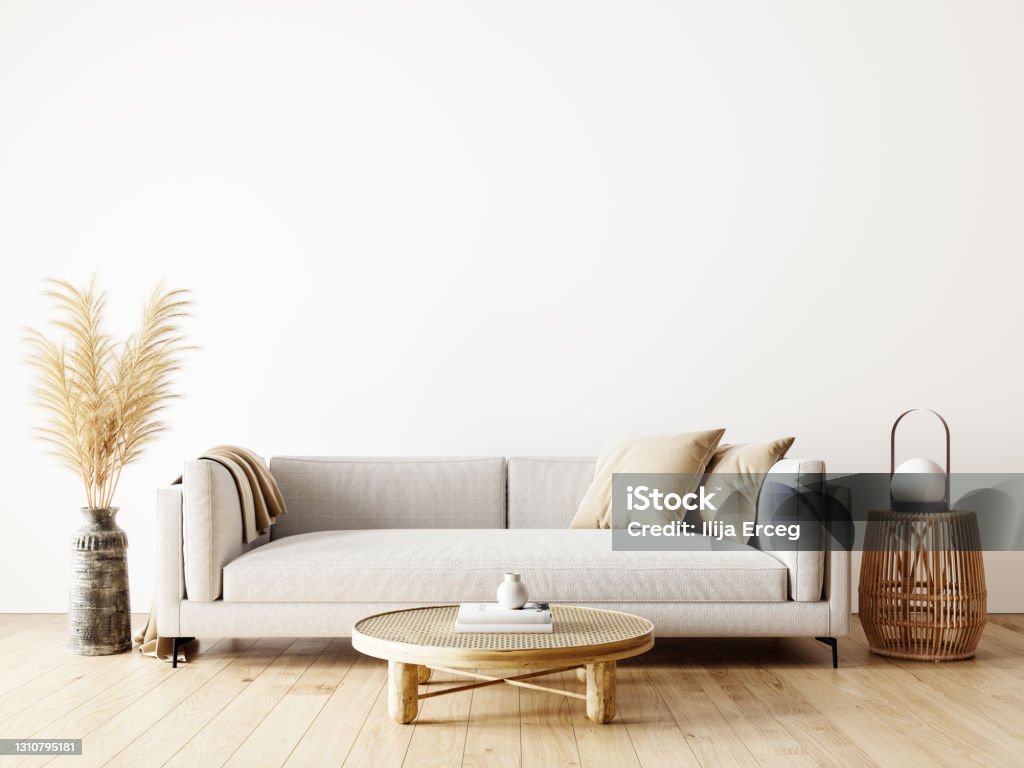 Modern interior design of living room in natural colors with dry plants decoration and empty white mock up wall background Modern interior design of living room in natural colors with dry plants decoration and empty white mock up wall background 3D Rendering, 3D Illustration Living Room Stock Photo