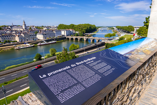 Angers, France - August 23, 2019: View over Maine river and Angers city from the viewpoint close by the Chateau d'Angers, Maine-et-Loire department