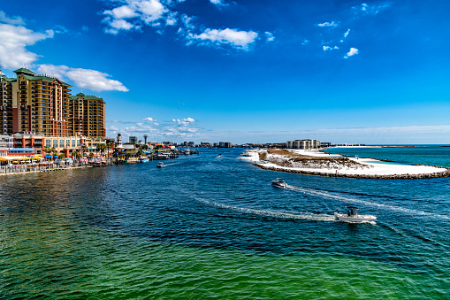 Coastal scenic view of the town of Destin, Florida along Destin Harbor