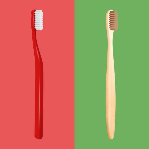 ベクトル3d現実的な赤いプラスチックと木製の竹ブランク歯ブラシse.デザインテンプレート、モックアップ。歯科、ヘルスケア、衛生、選択、生態学の概念。フロント、トップ、サイドビュ� - toothbrush点のイラスト素材／クリップアート素材／マンガ素材／アイコン素材