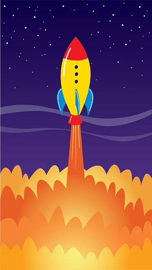 Vector cartoon of a rocket launching into space.