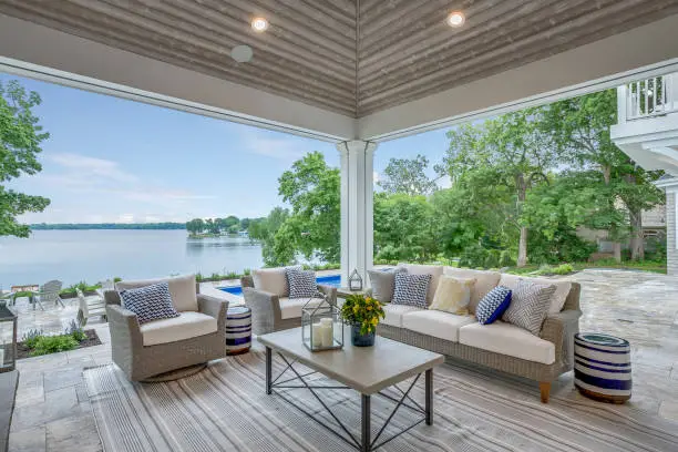 Outdoor covered patio perfect for entertaining by the lake