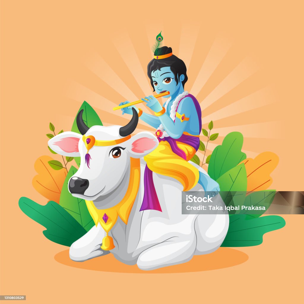Cute Illustration Of Little Krishna Playing Flute While Riding ...