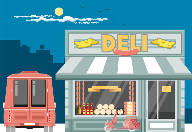 ilustraciones, imágenes clip art, dibujos animados e iconos de stock de delicatessen vintage - small business owner