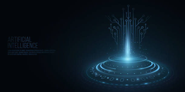 Futuristic blue HUD interface with glowing computer circuit board. Glare and flare. Artificial intelligence. Hi-tech portal. Technology background. UI and Sci-fi design. Vector illustration. Futuristic blue HUD interface with glowing computer circuit board. Glare and flare. Artificial intelligence. Hi-tech portal. Technology background. UI and Sci-fi design. Vector illustration. EPS 10. glowing circuit lines stock illustrations