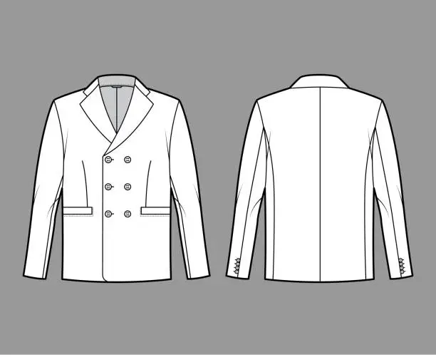 Vector illustration of Double breasted jacket suit technical fashion illustration with long sleeves, notched lapel collar, flap welt pockets