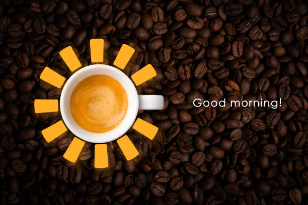 istock Coffee cup and sun rays on coffee beans background. Concept good morning 1310807996