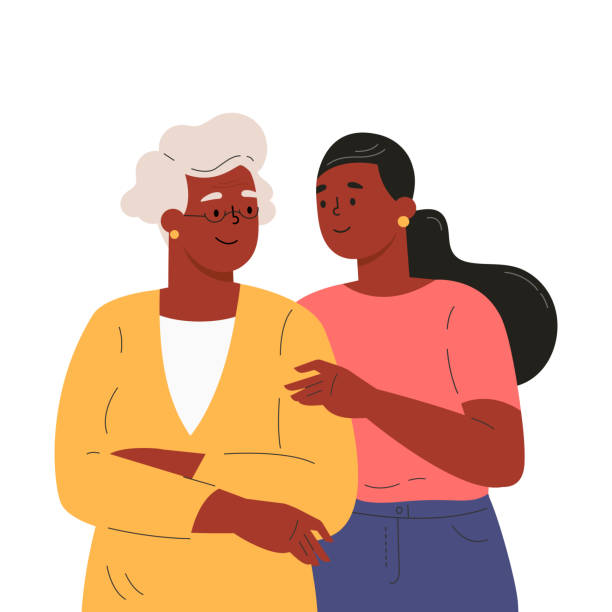 Happy adult daughter hugging old mother Happy adult daughter hugging old mother feeling love to each other. Portrait of young woman hugging her grandma. Friendly family relationship. Cartoon vector flat illustration on white background. senior adult illustrations stock illustrations