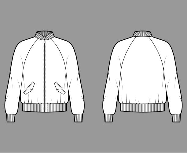 зип-до бомбардировщик ма-1 полет куртка техническая иллюстрация моды с rib бейсбольный воротник, манжеты, длинные рукава raglan - зип stock illustrations