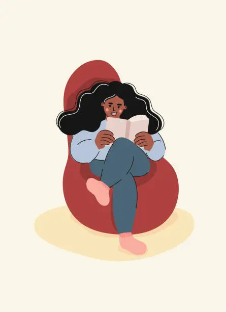 Vector illustration of Young Woman Reading a Book, Cartoon Style Vector Illustration