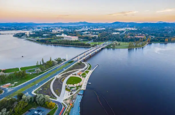 Aerial view of Commonwealth Bridge on Lake Burley Griffin in the late afternoon in Canberra, the capital of Australia