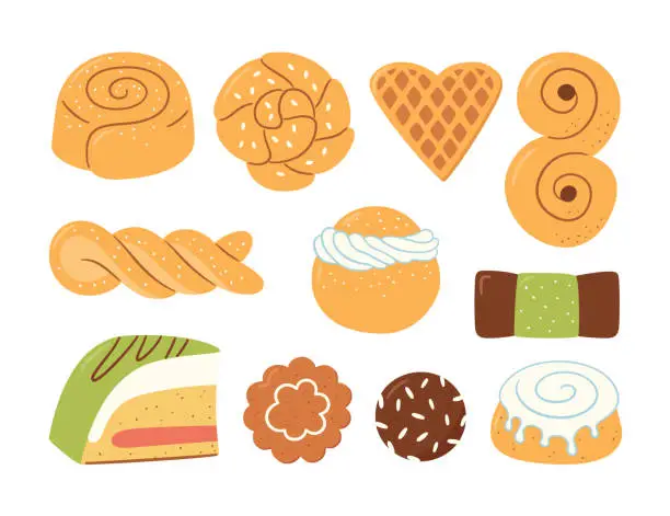Vector illustration of Cinnamon rolls with sugar. Set of swirl buns. Hand drawn isolated vector illustration