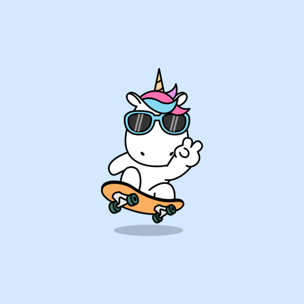 illustrations, cliparts, dessins animés et icônes de licorne mignonne jouant le dessin animé de planche à roulettes, illustration vectorielle - skateboard