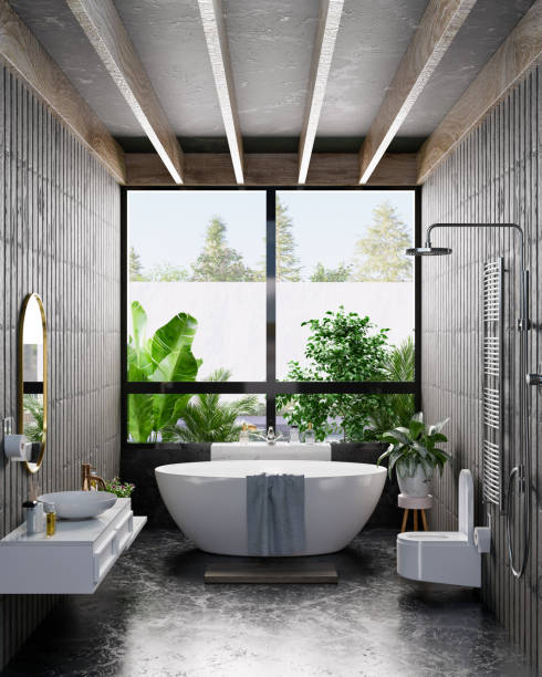 어두운 색 벽에 현대적인 욕실 인테리어 디자인. - black and white beautiful luxury elegance 뉴스 사진 이미지