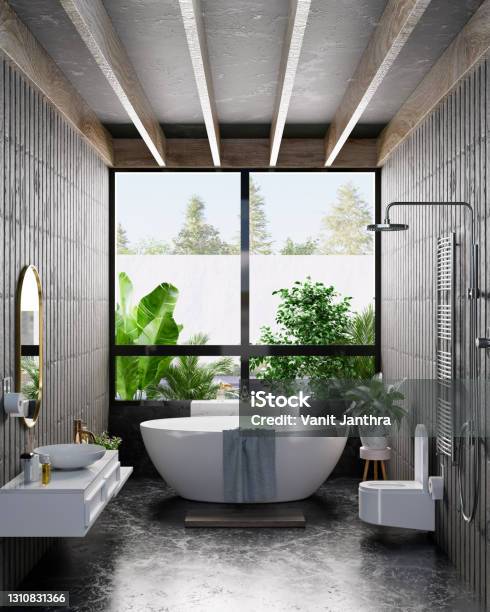Modern Bathroom Interior Design On Dark Color Wall Stock Photo - Download Image Now