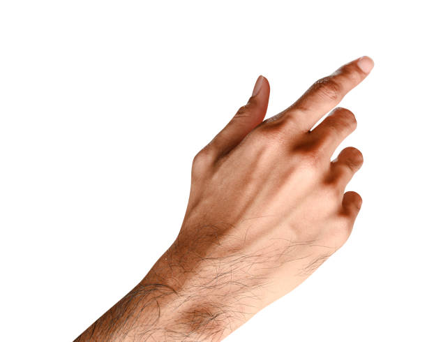 istock Male caucasian hand touching or pointing to something isolated on white background. 1310832321