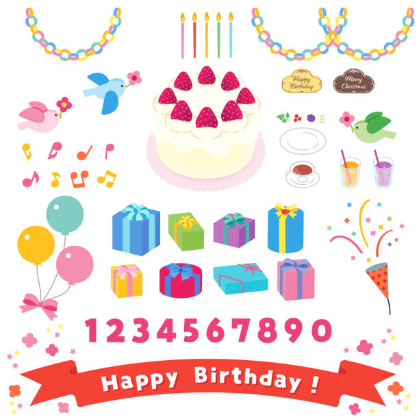 ilustrações de stock, clip art, desenhos animados e ícones de birthday party / graphic material set - gift box white background decoration birthday