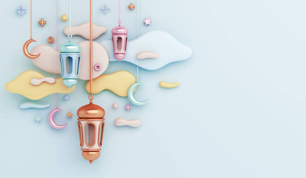 istock Islamic decoration background with lantern, crescent, cloud cartoon style, ramadan kareem, mawlid, iftar, isra  miraj, eid al fitr adha, muharram, copy space text area, 3D illustration. 1310835005