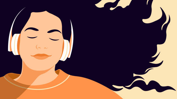 portrait of a smiling young Hispanic woman listening to music with headphones. vector art illustration