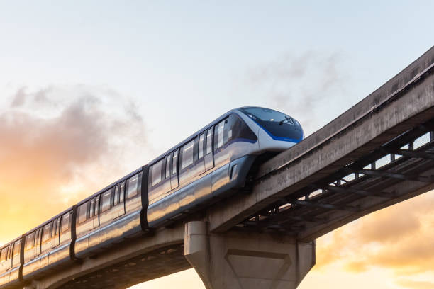 Monorail train of the São Paulo Subway on line 15-Silver. Monorail on the 15-silver subway line in the city of São Paulo, Brazil. Located on the east side of the city with a view of the bluish sky in the background. train vehicle stock pictures, royalty-free photos & images