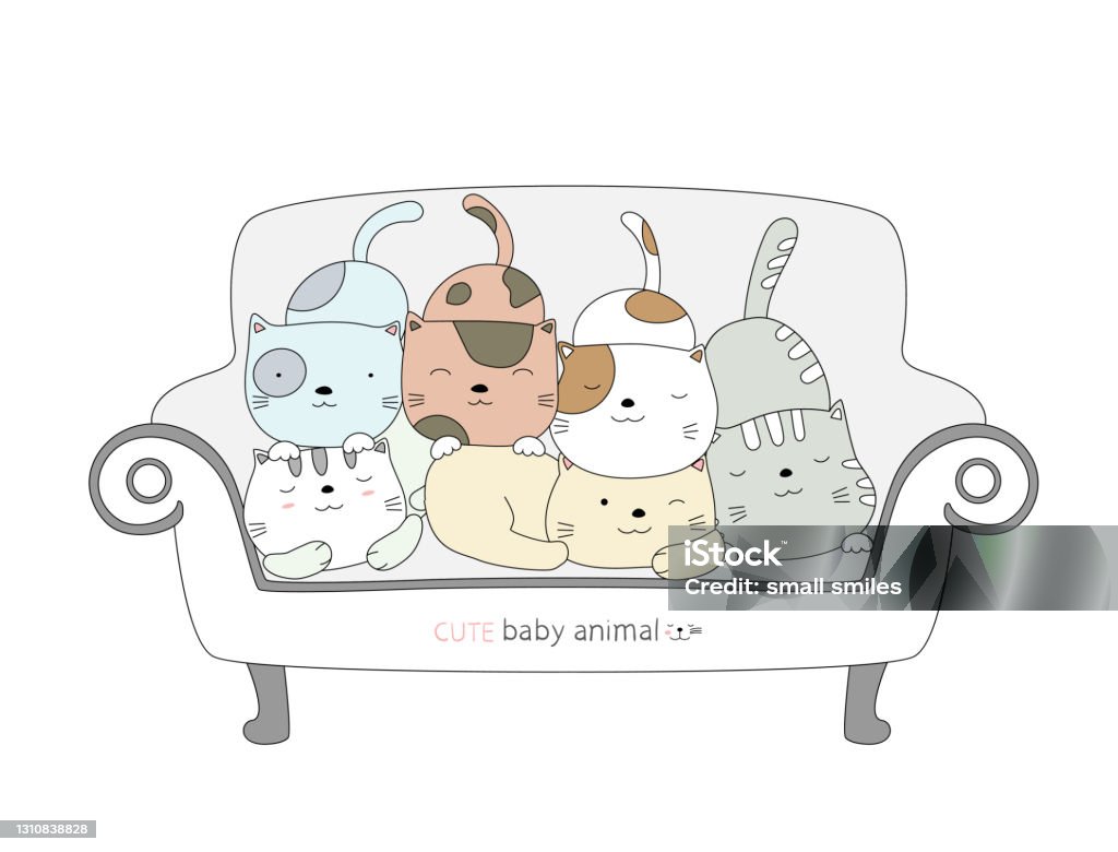 Kartun Sketsa Hewan Bayi Kucing Lucu Di Kursi Gaya Yang Digambar Dengan