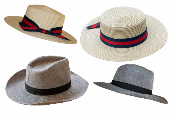 istock Beautiful hat with ribbon and bow on a beach hat, white background from side view. 1310840305