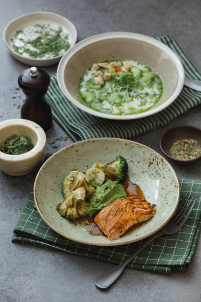 istock Grilled Salmon with Vegetables. Salmon Soup. 1310840366