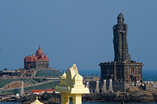 View of the Thiruvalluvar Statue and the Vivekananda Rock Memorial,Kanyakumari State Tamil Nadu India