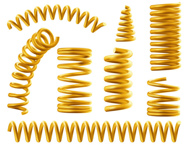 illustrazioni stock, clip art, cartoni animati e icone di tendenza di bobine a molla in oro, filo metallico a spirale flessibile - shock absorber