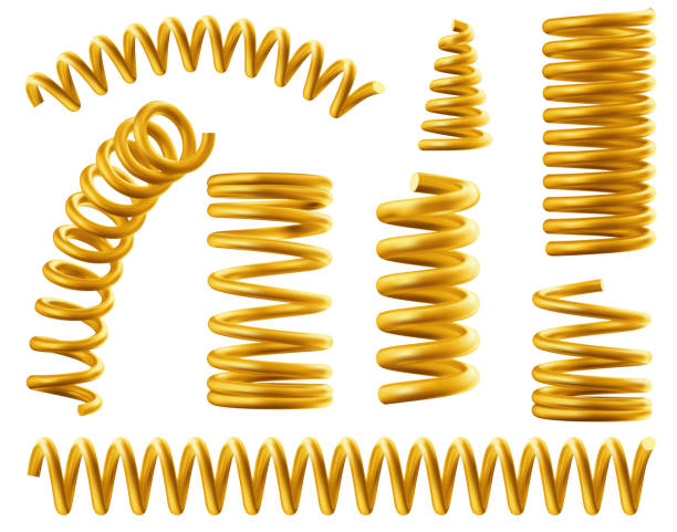 Gold spring coils, flexible spiral metal wire Gold spring coils, flexible spiral metal wire. Vector realistic set of golden elastic springy coils different shapes for suspension or machine absorber isolated on white background coiled spring stock illustrations