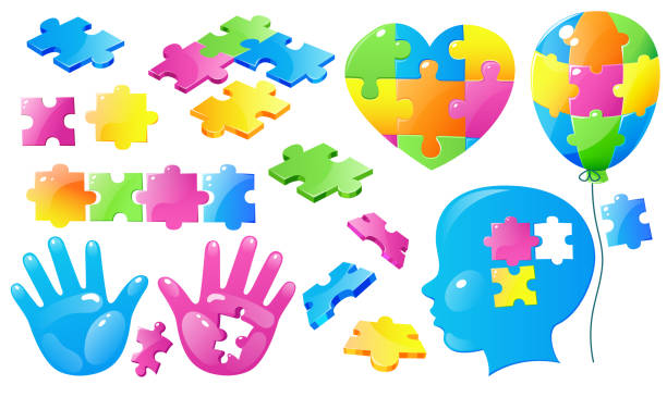 illustrazioni stock, clip art, cartoni animati e icone di tendenza di imposta consapevolezza giornata mondiale autismo, pezzi puzzle - design month part of puzzle
