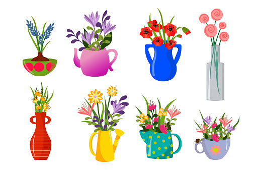 Decorative bouquets of flowers in different containers - a jug, a bowl, a teapot and a mug, a watering can and a bottle. Vector drawing on a white background. Modern illustration design for use in cards, invitations, logos and flyers, brochures.