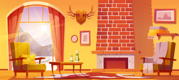 ilustrações de stock, clip art, desenhos animados e ícones de living room interior of chalet house in mountains - home interior cabin shack european alps