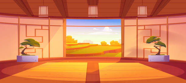 Dojo room, japanese style interior for meditation Dojo room, empty japanese style interior for meditation or martial arts workout with wooden floor, bonsai trees and open door with scenic peaceful view on asian rice field, Cartoon vector illustration meditation room stock illustrations