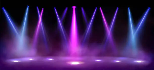 Vector illustration of Stage lights, spotlight beams with smoke on floor