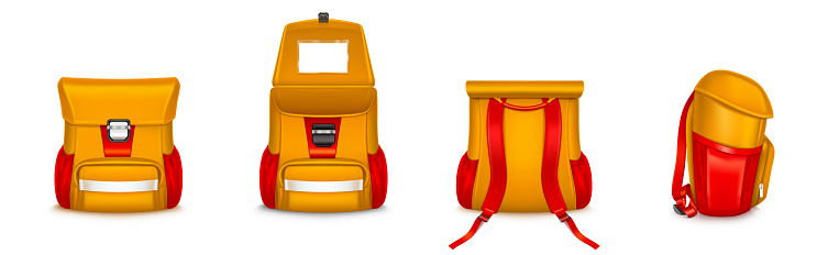 Kids school bag, backpack or rucksack with webbing, orange and red colors knapsack different angle view. Student backpack or schoolbag isolated on white background, Realistic 3d vector icons set